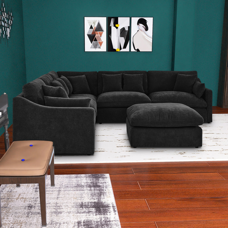 Spacieux canapé modulaire en forme de L à 6 places avec repose-pieds, 10 coussins et coussins rembourrés en duvet gris Marjoree pour salon, canapé modulaire, canapé modulaire