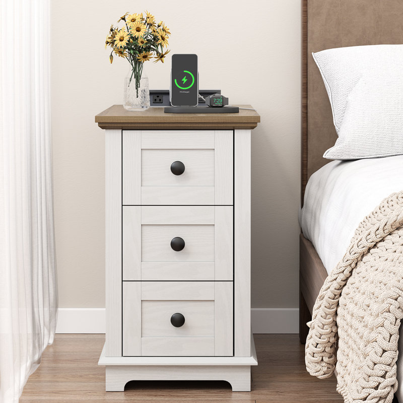 3 Drawers Sets End Tables with Storage and Fast Charging Station, White, Brown