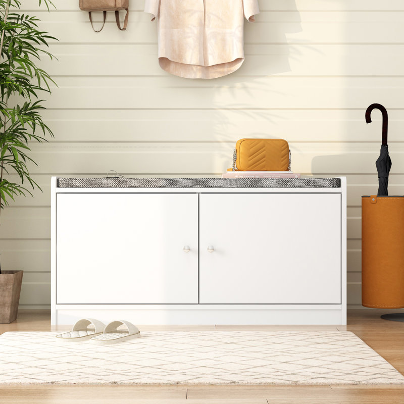 18.1'' H X 35.8'' W Upholstered Shoe Storage Bench, White/Gray