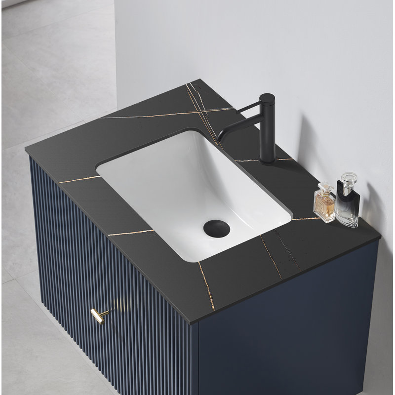 Jamell 30'' Single Bathroom Vanity with Engineered Stone Top, Dark Blue, Black