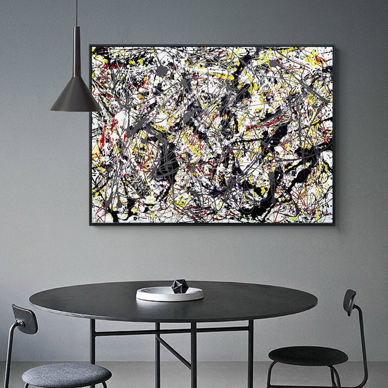 IAIN1068, reproduction d'art sur toile encadrée argentée sur fond noir, blanc, jaune et rouge, 1948, art mural abstrait (cadre mince noir, 28 po x 40 po)