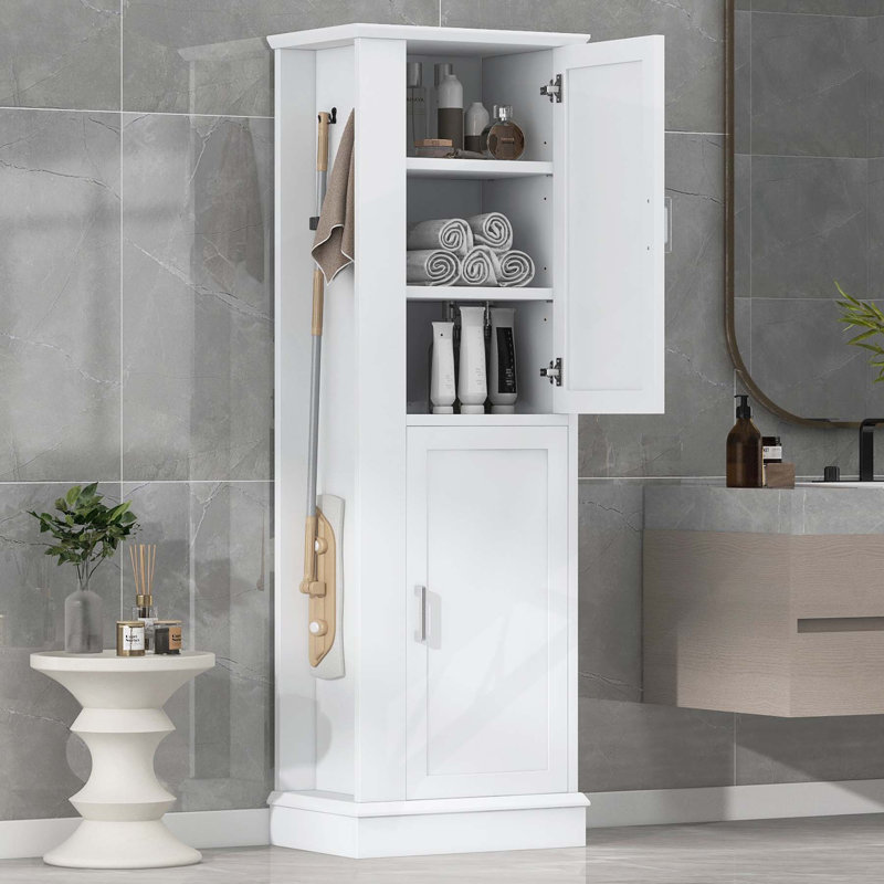 Armoire de salle de bain autoportante polyvalente avec tablettes et crochets réglables, Blanc