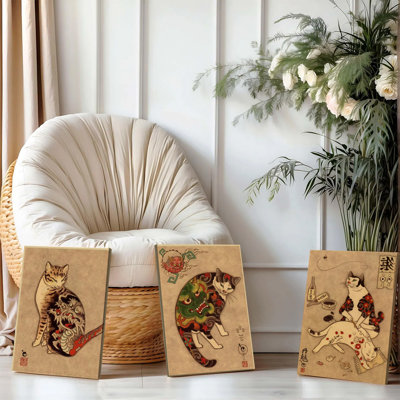 3PCS Wall Arts Posters Framed, Traditional Japanese Ukiyo-e Cat Canvas Wall Art Set of 3, Oriental Dragon and Lion Design Prints for Living Room Bedroom Decor, Vintage Asian Style Home Decoration Posters, Unique Gift for Cat Lovers