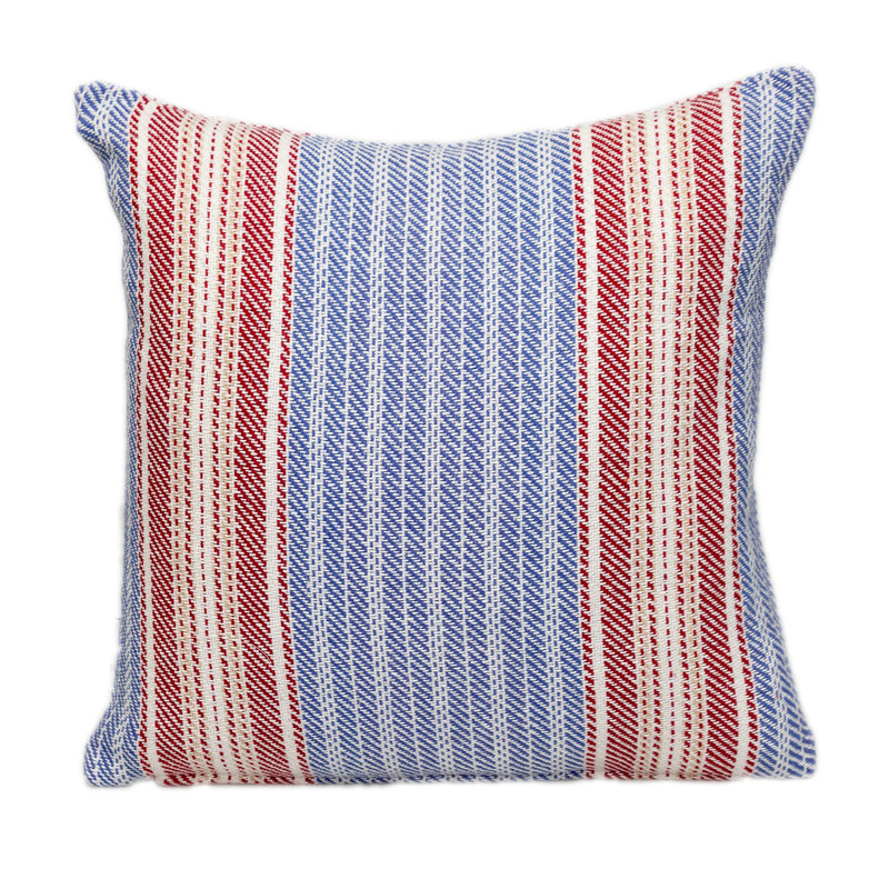 Coussin décoratif en coton 16 po à rayures bleues et rouges