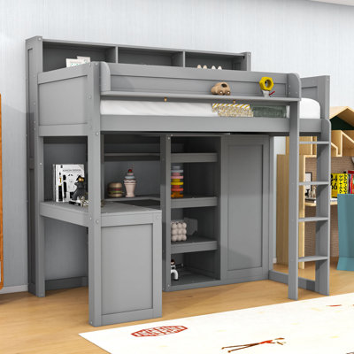 Lit mezzanine simple avec tablettes et garde-robe