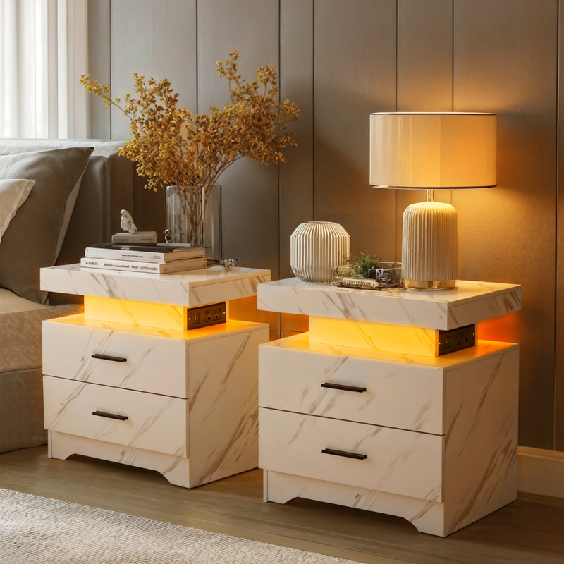 Khuram 2 - Drawer End Table Set with Colorful LED Light and USB Power Ports