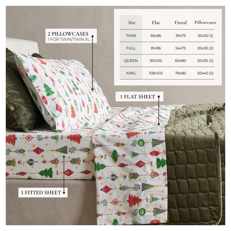 Winter Floral Ultra Soft Microfiber Sheet Set, King Sheet Set with 2 Pillowcases, Twinkling Ornaments