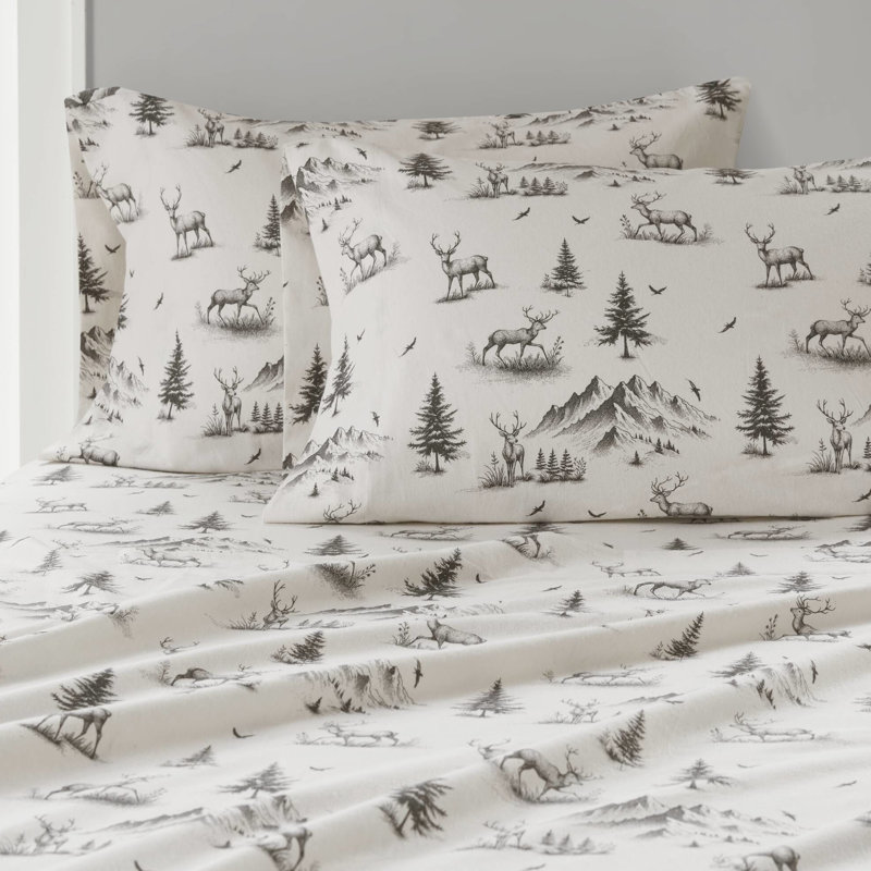 Ensemble de draps 4 pièces en toile de cerf gris, 100% flanelle de coton, brossé des deux côtés pour plus de douceur.