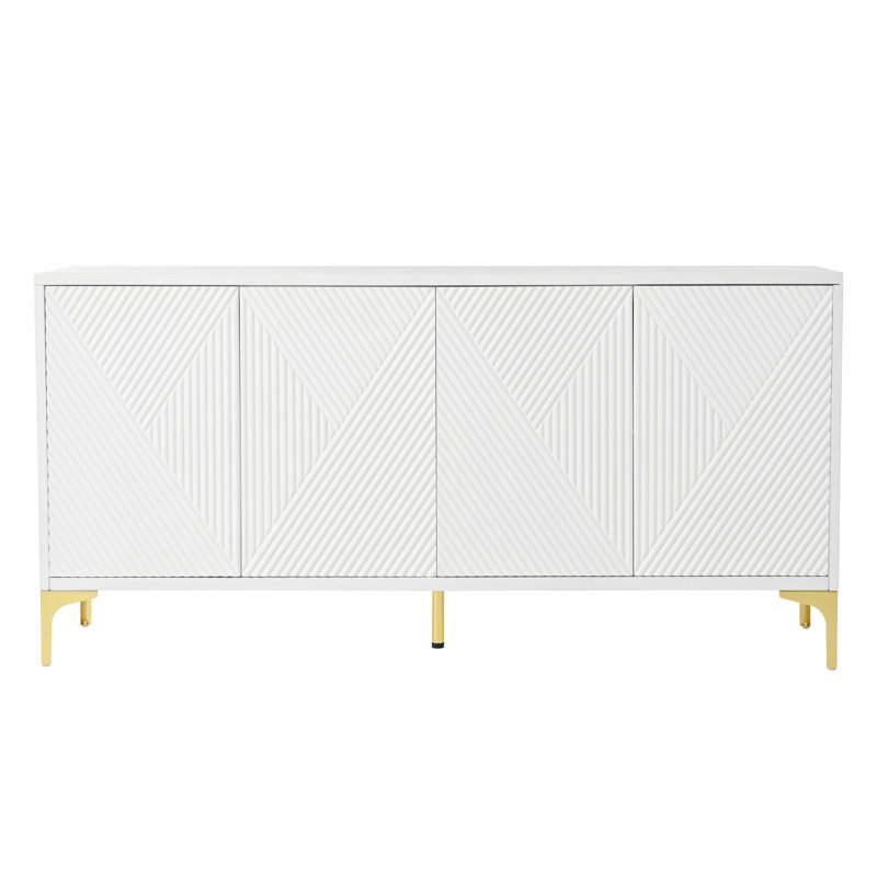 Buffet avec rangement, buffet en bois avec panneaux de porte sculptés, 4 portes, tablettes réglables, esthétique moderne pour le salon et la cuisine (blanc)