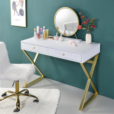 Meuble-lavabo rectangulaire blanc et doré avec plateau à bijoux en miroir, structure en métal, 2 tiroirs pour le rangement de la chambre à coucher, matériau principal amovible
