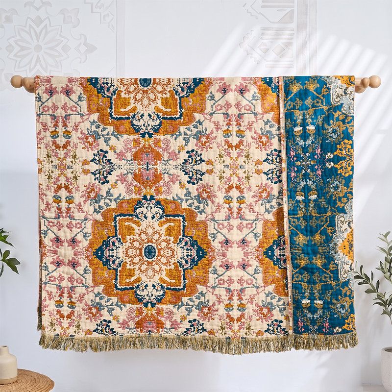 Plaid bohème vintage avec médaillon persan, couverture réversible en coton tissé avec franges à pompons