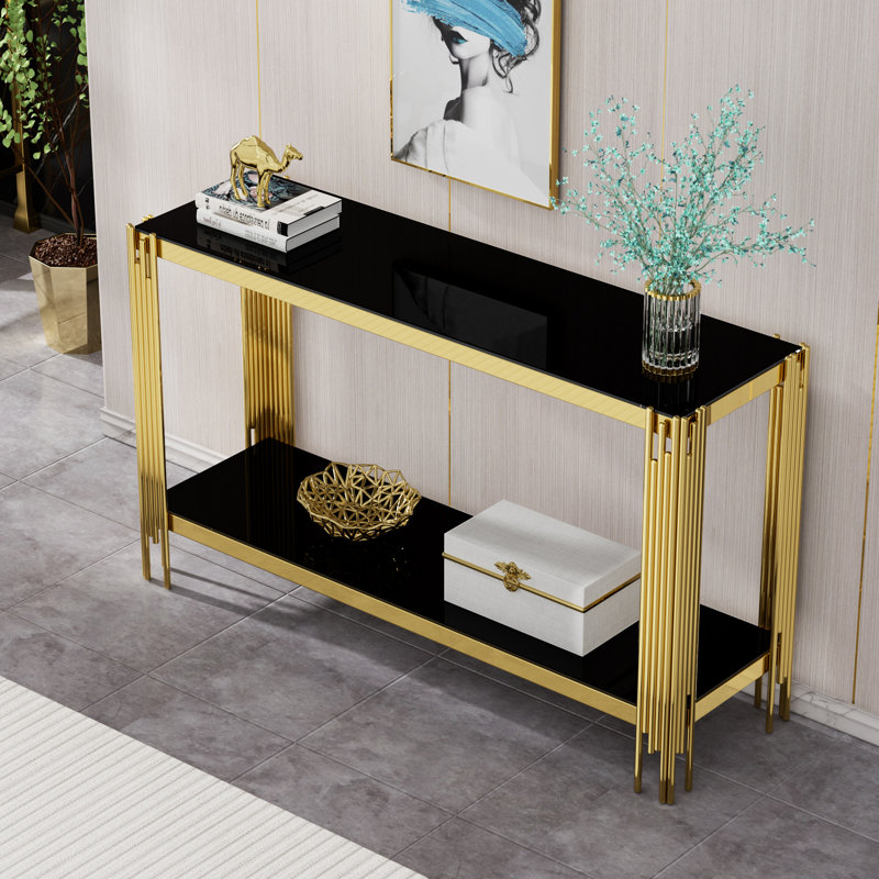 55" Tempered Glass Coffee Table for Living Room Modern Center Table with Stainless Steel Frame,Elegant Rectangular Accent Cocktail Sofa Table for Home Office