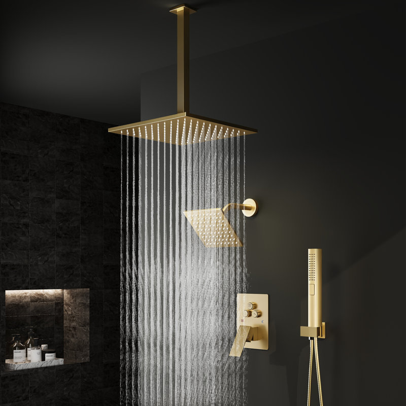 Brushed Gold Rain Shower System With Push Button Diverter, 2-In-1 Handheld And Dual Shower Heads, 12-Inch Ceiling Mount And 6-Inch Wall Mount High Pressure Shower Set