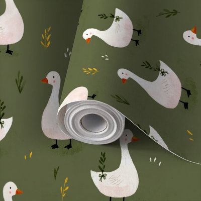Papier peint auto-adhésif pour enfants, dessin, mignon, canards blancs, vert olive, minimaliste, floral, adhésif et amovible 24 po x 118 po (60 x 300 cm)