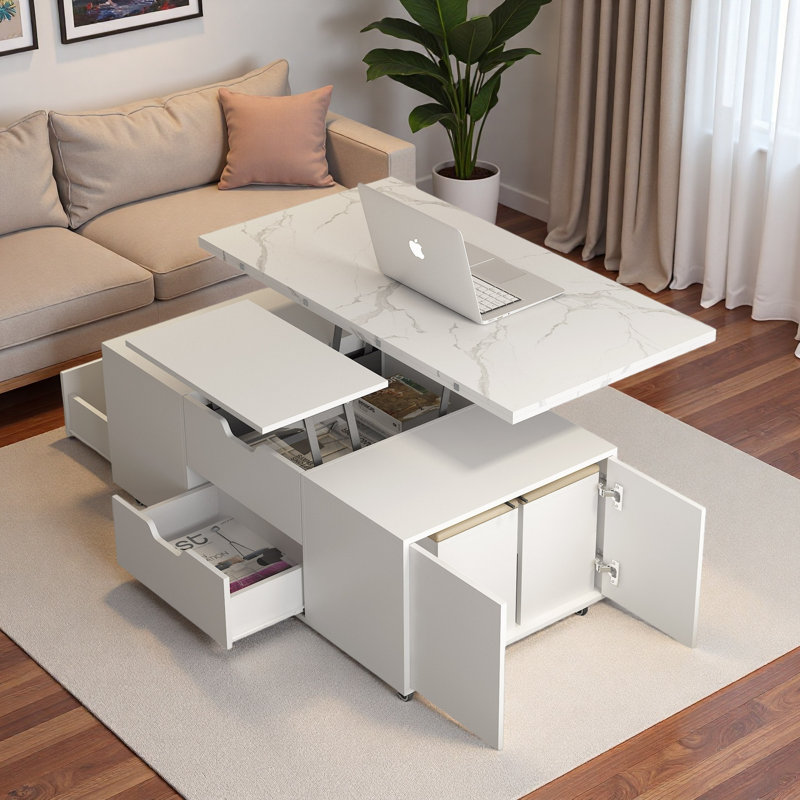 Table basse relevable moderne avec 2 tabourets, rangement caché, tiroirs et table pliante