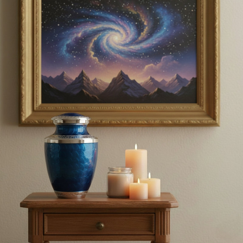 Silver-Toned Accents Urn, Blue