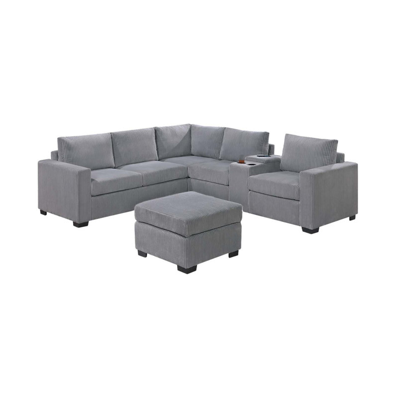 Ensemble de canapé-lit modulaire moderne et fonctionnel en velours côtelé gris clair avec repose-pieds et salon