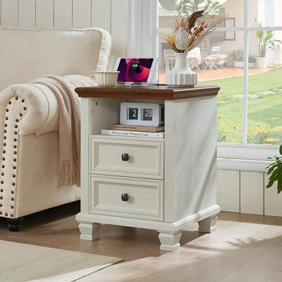 Farmhouse Side Table with Charging Station, Antique Nightstands with Drawers, Bedside Table with Open Shelf for Bedroom (White)