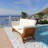 Casual Outdoor Adjustable Wooden Sofa Patio Acacia Wood Chaise Lounge With Beige Cushions For Small Places