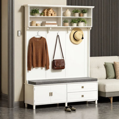59" Wide Hall Tree with Bench & Storage – Entryway Coat Rack with 6 Hooks, Shoe Cabinet & Drawers – Modern White MDF Organizer for Mudroom, Living Room, Farmhouse – Anti-Tip Safety
