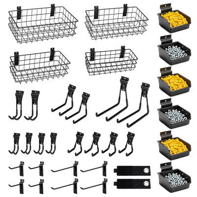 Ensemble de 34 accessoires robustes pour panneaux à lattes : paniers, crochets, sangles et bacs à vis pour le rangement de garage