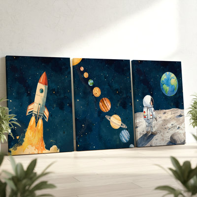 3 Pieces Space Exploration Large Wall Art with Planets, Three Pieces Wall Art for Living Room, Bedroom, and Office Decor, Ready to Hang, Gallery Style