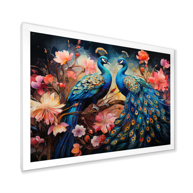 Blue Coral Indian Art Dancing Peacocks II, White Single Picture Framed, 30" H x 40" W x 1.5" D