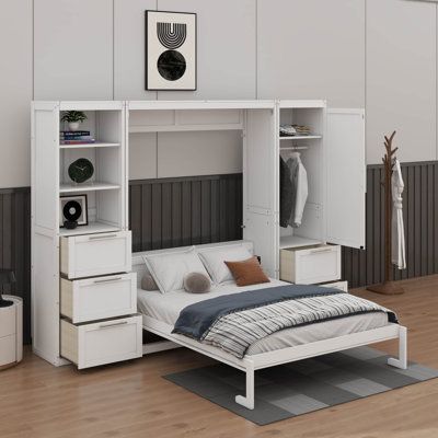 Grand lit escamotable avec tiroirs et tablettes