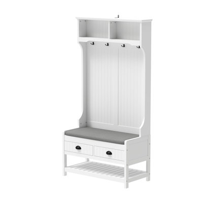 Modern Entryway Furniture, Wooden Hall Tree With 2 Storage Drawers, 4 Coat Rack And Padded Seat Cushion 31 Storage: Hooks, Shelf, White Shoe Bench For Hallway Organization