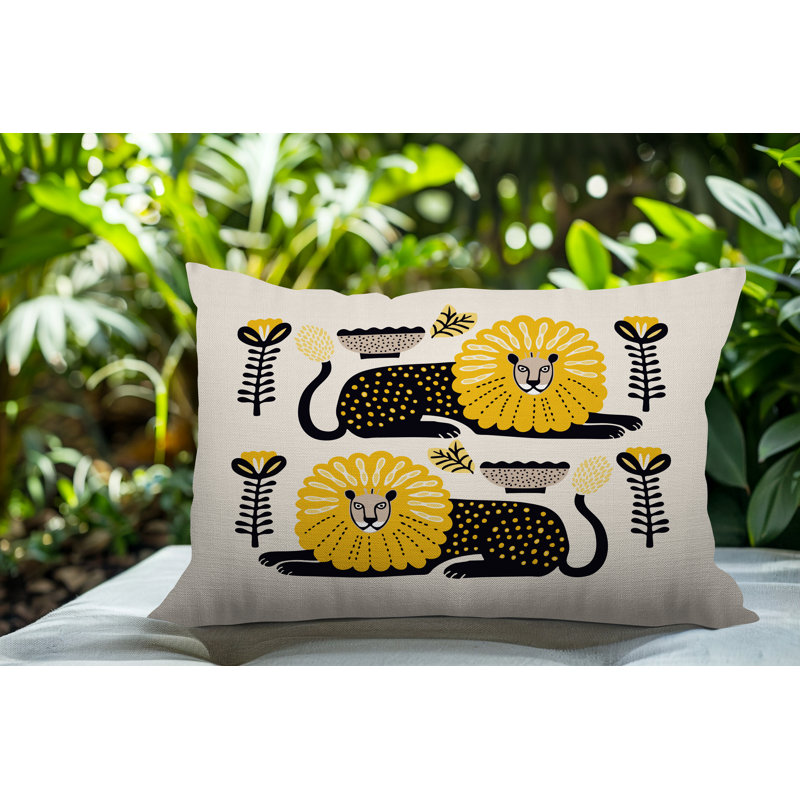 Oreiller rectangulaire réversible intérieur / extérieur Chiga Lion, Rectangle H 14 po x l 20 po, Jaune