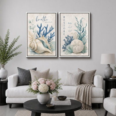 Breathe Deeply Seashell Coastal Artwork, Bathroom Pictures, Framed Canvas Giclee Print 2 Pieces Wall Art