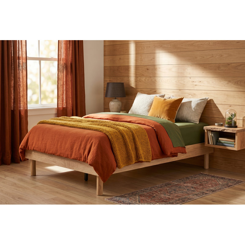 Cadre de lit double plateforme avec sommier à lattes en bois, format standard, design moderne du milieu du siècle, fini bois naturel, aucun sommier requis
