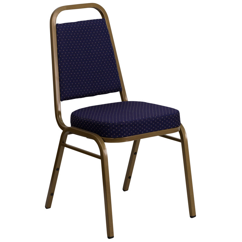 Navy Patterned Fabric Armless Stacking Banquet Chairs with Gold Frame