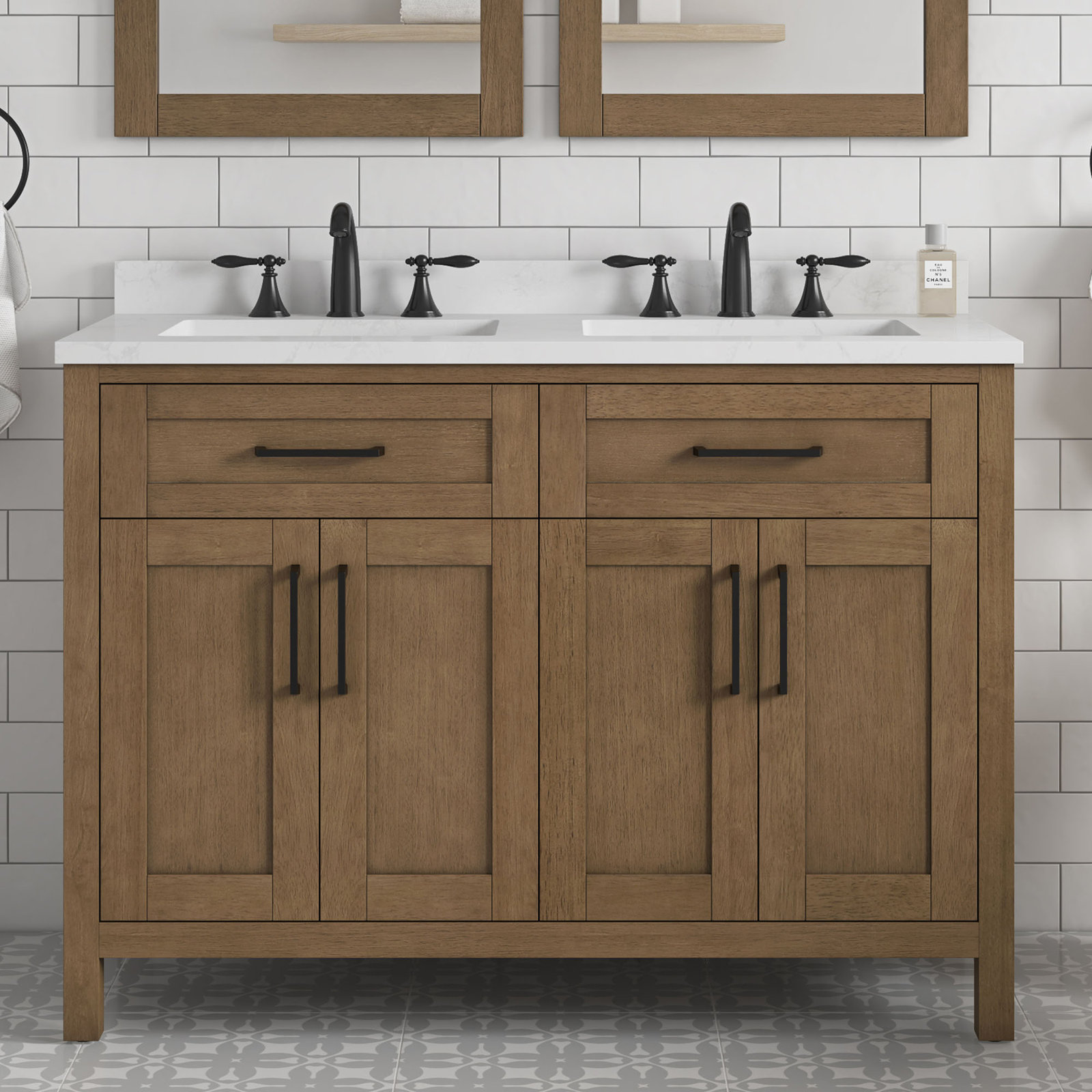 Tahoe 48" Double Bathroom Vanity, Almond Latte Brushed, Yves, Matte Black