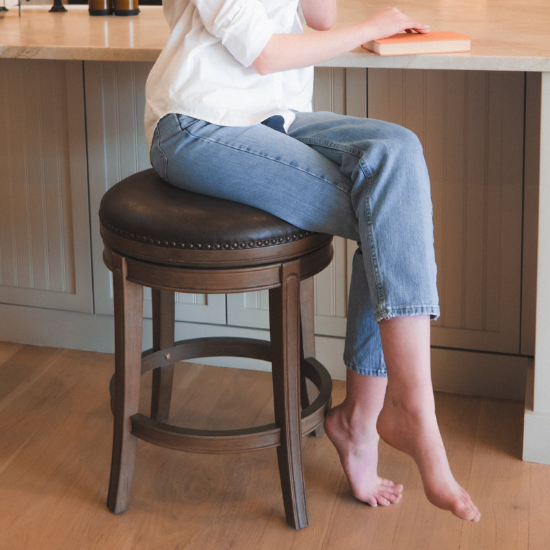  Maven Lane Alexander Swivel Backless Stool with Faux Leather Upholstery, Counter Stool (26” Seat Height), Walnut