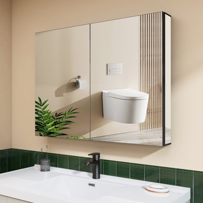 40 Inch Recessed Medicine Cabinet with Mirror and 3 Adjustable Glass Shelves,Frameless Bathroom Mirror Cabinet with Rustproof Body