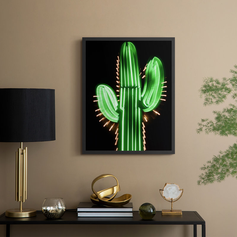 Neon Cactus Framed Print - Solid Wood, Black, 15" H x 12" W