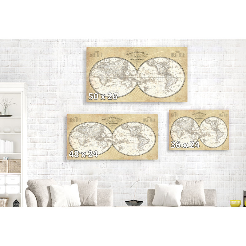 map Global World Map In French, Circles Hemispheres, Gold, 24" H x 48" W x 1.5" D