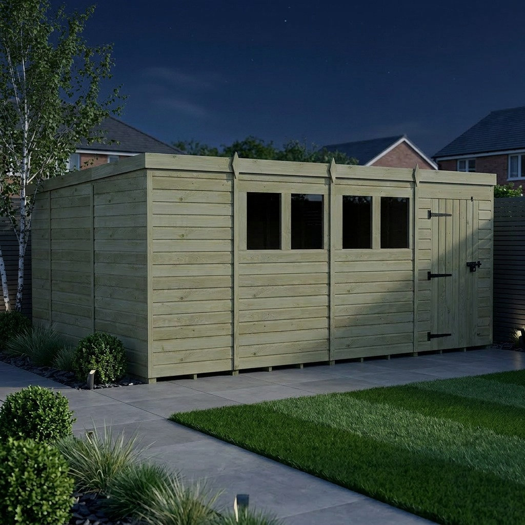 Total Sheds 15ft x 10ft Pent Garden Shed - Single Door - With Windows - Pressure Treated Timber - UK Manufactured