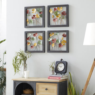 Metal Floral Multi Colored Wall Decor with Black Frame Set