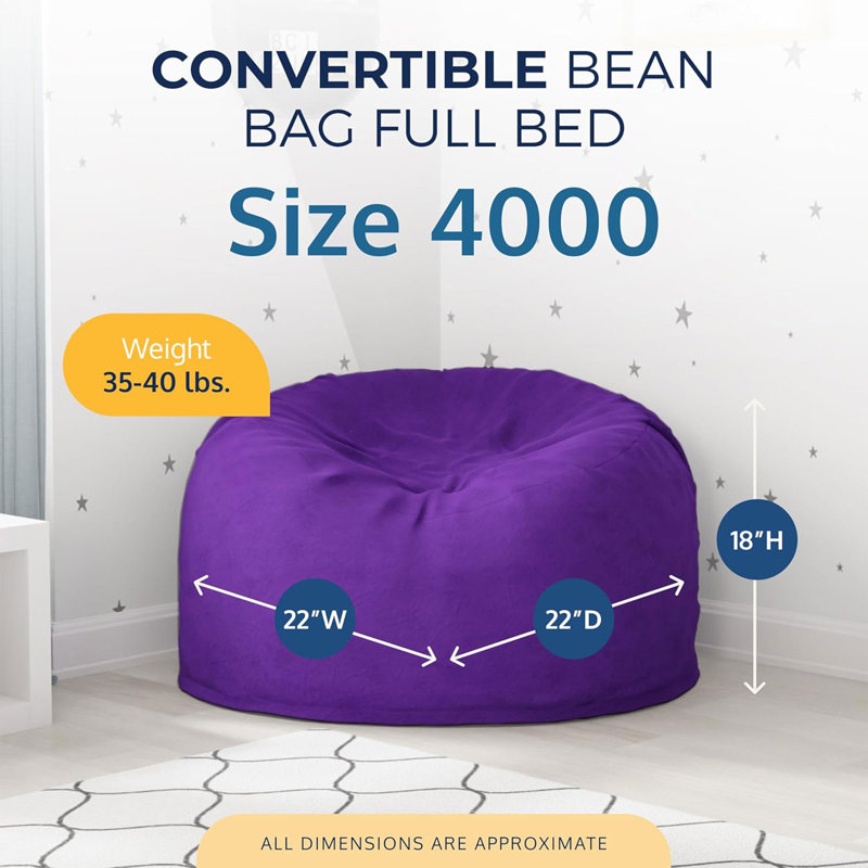 5ft Bean Bag Chair and Footstool, Oversized Lounger, Suede, 28" H x 48" W x 48" D, Purple Suede