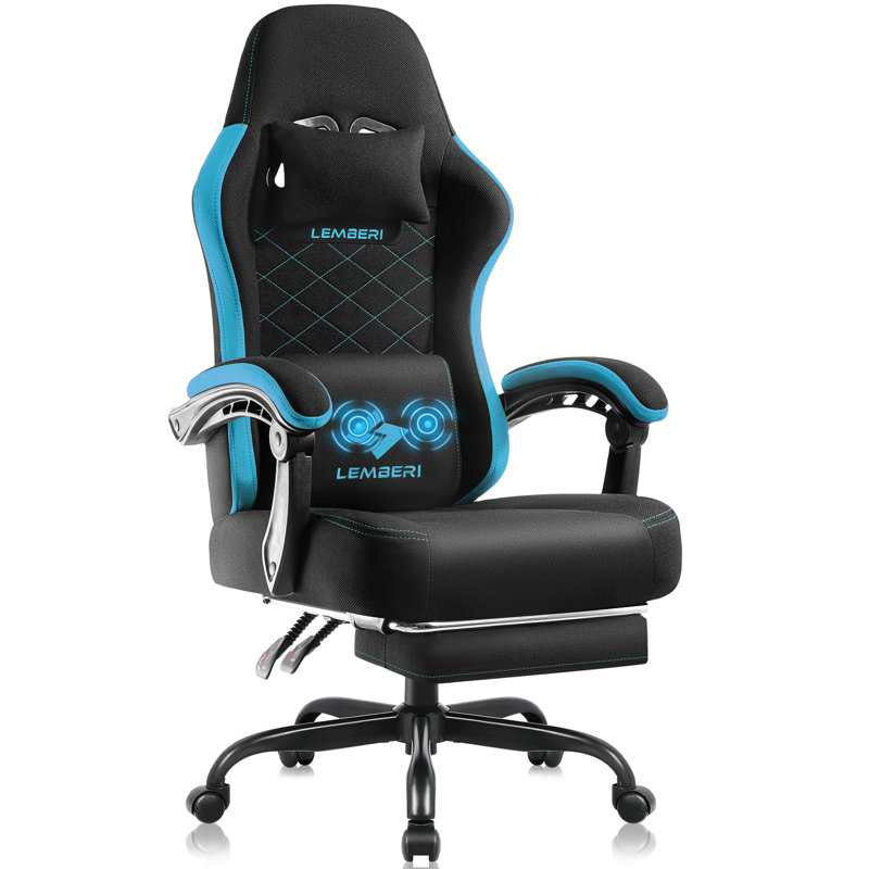 Fauteuil de jeu avec repose-pieds, chaise d'ordinateur de jeu de course avec appui-tête et soutien lombaire, Noir / Bleu