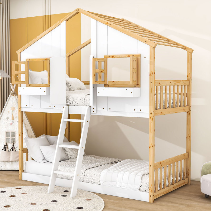 Aleks Kids Twin Over Twin Bunk Bed, Natural/White