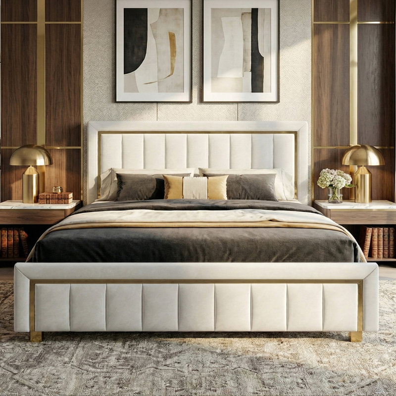 UK & EU Velvet Ottoman Bed with Fluted Gold-Trim Headboard, Luxury Gas-Lift Storage Bed, Beige/Black, Beige