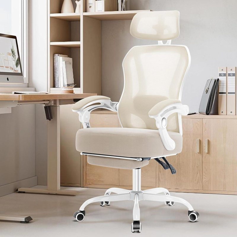 Cream Ergonomic Office Chair - High Back Mesh Chair With Footrest, 2D Adjustable Lumbar Support, Headrest & Spring Cushion (Reclining)