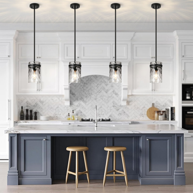 Levona 1-Light Kitchen Island Pendant, Hand-Blown Gradient Grey Water Glass, Height Adjustable, Gradient Gray, Matte Black