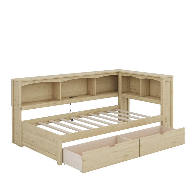 Lit de jour simple avec tiroirs de rangement et ports USB, Bois
