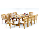 11 Pcs Grade-A Teak Wood Dining Set: 94" Double Extension Mas Rectangle Trestle Leg Table And 10 Hari Stacking Arm Chairs #11HR2110