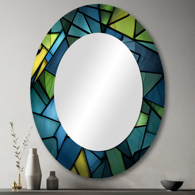 Blue Green Window Tides I - Grand miroir mural ovale sur métal