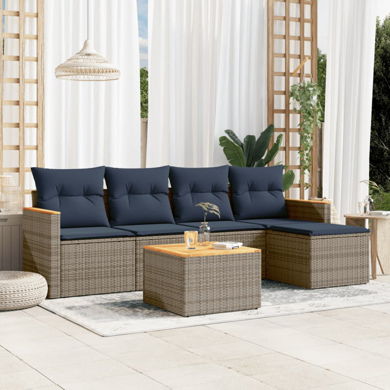 Ensemble de canapé de patio 6 pièces avec coussins en rotin de polyester, Gris, Marine